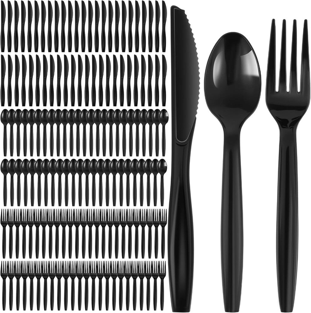 150PCS Disposable Cutlery Set 50 Forks 50 Knives 50 Spoons Disposable Plastic Silverware Cutlery for Home Office School Party Picnics Restaurant Outdoor Events or Every Day Use (Black)