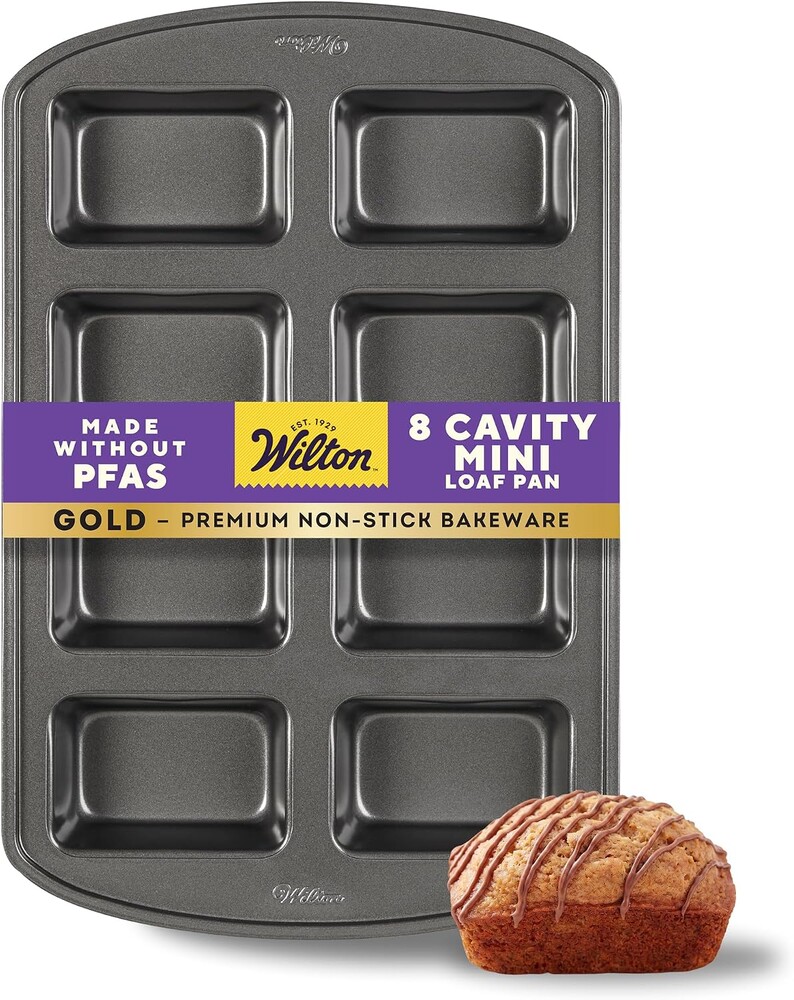Wilton Gold Non-Stick Bakeware Mini Loaf - Baking Pan for Mini Banana Breads, Cakes & More - Made Without PFAS - Offers Even Heat Distribution & Hassle-Free Cleaning - 15 x 10 x 1.6 Inch, 8 Cavity