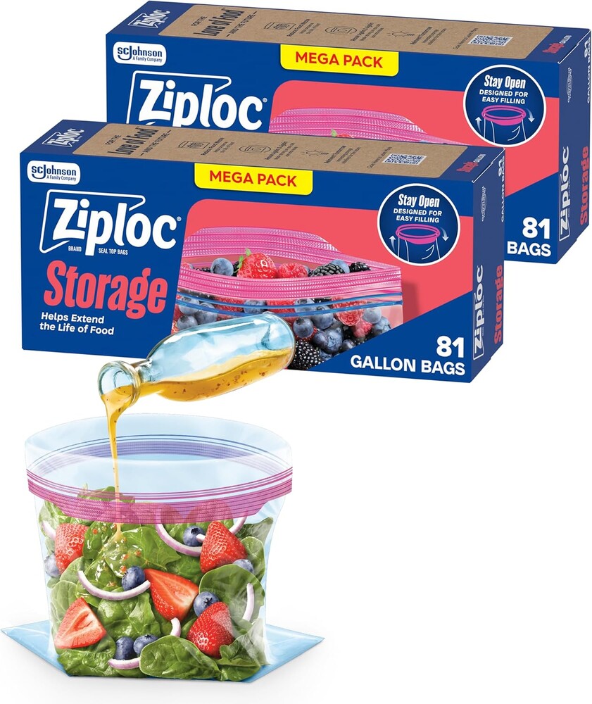 Ziploc Gallon Food Storage Bags, Stay Open Design with Stand-Up Bottom, Easy to Fill, 162 Count