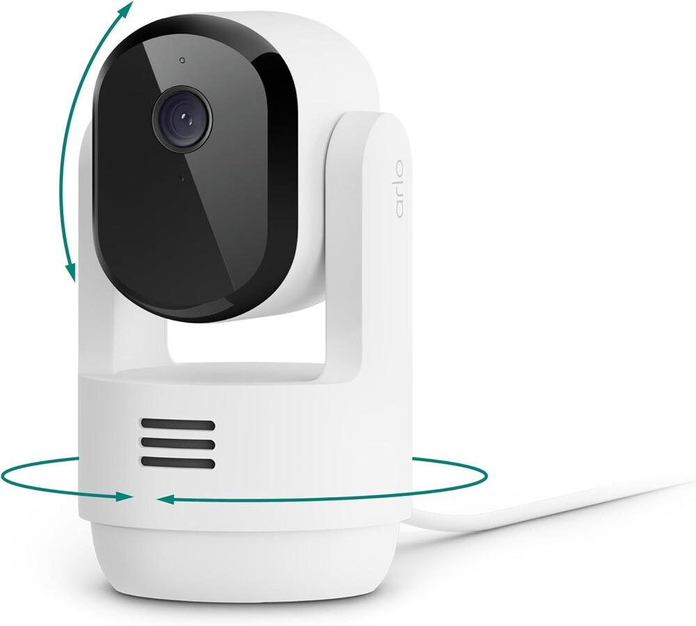 Arlo Essential Indoor Pan Tilt Security Camera 2K (2025 Release) - Wired Plug-in Power, Person Recognition, Animal Detection, Animated Preview, 1-Month Secure Plan, Auto Motion Tracking, 1 Cam, White