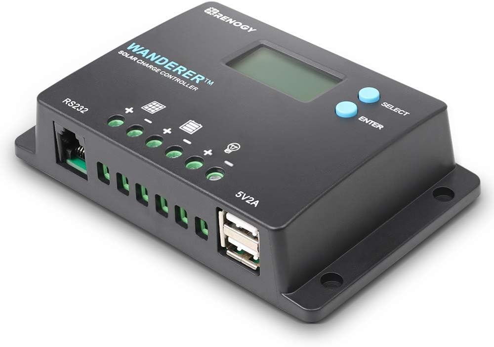 Renogy 10 Amp 12V/24V PWM Negative Ground Solar Charge Controller Compact Design w/LCD Display for AGM, Gel, Flooded and Lithium Battery, Wanderer 10A