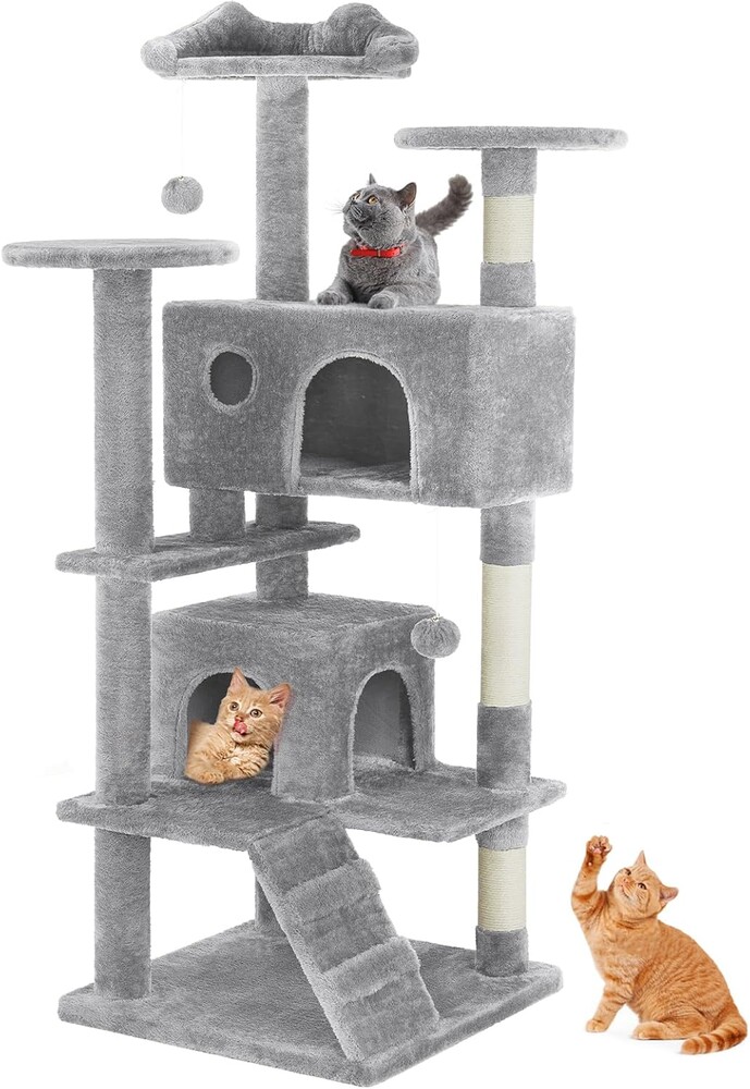Sweetcrispy 54 Inch Cats Tree Tower, Multi-Level with Scratching Post, Indoor Cat Tree Condo with Climbing Ladder, Plush Toy, Play House for Kittens, Light Grey
