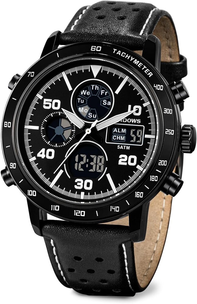 PINDOWS Watch for Men, Waterproof Big Dial Analog Digital Sport Multifunction LED Backlight Fashion Wristwatches, Alarm Stopwatch Calendar