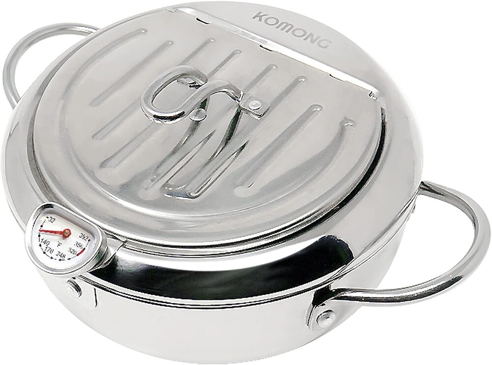 Deep Fryer Pot (°F), Japanese Tempura Small Deep Frying Pot with Fahrenheit Thermometer, 304 Stainless Steel Deep Fryer with Oil Draining Rack for Tempura chips, Fries, Fish, and Chicken