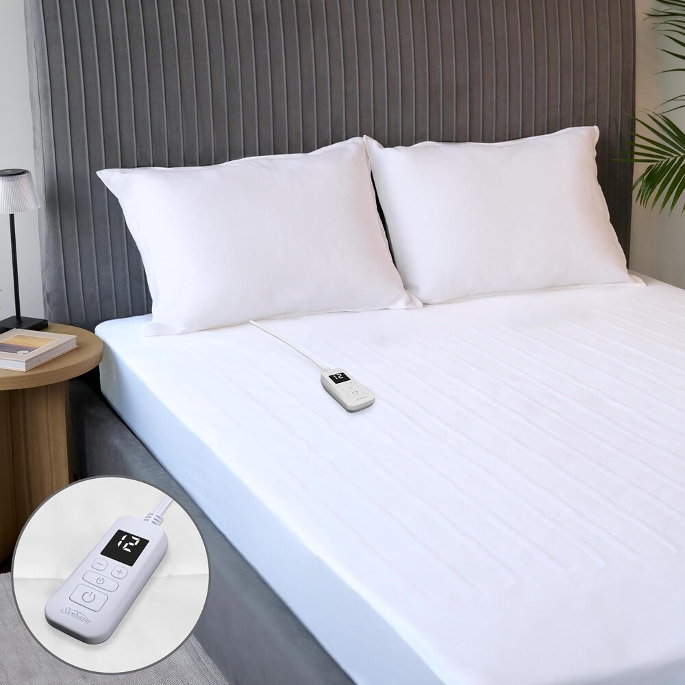 Sunbeam Electric Heated Mattress Pad Twin 75" x 39" 12 Heat Settings 12-Hour Auto Shut-Off Fast Heating Soft Cozy Fabric Deep Pocket Skirt Machine Washable