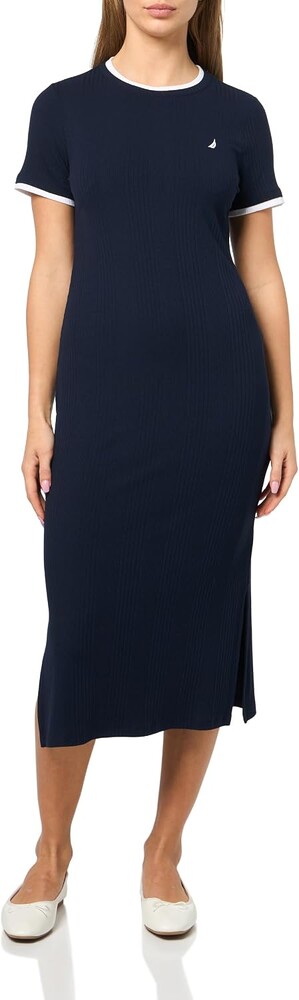Nautica Women's Solid Midi Short Sleeve Round Neck Ribbed Midi Dress