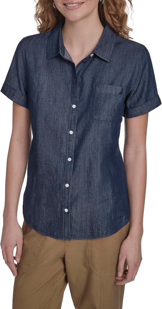 Nautica Women's Button Front Short Sleeve Camp Shirt