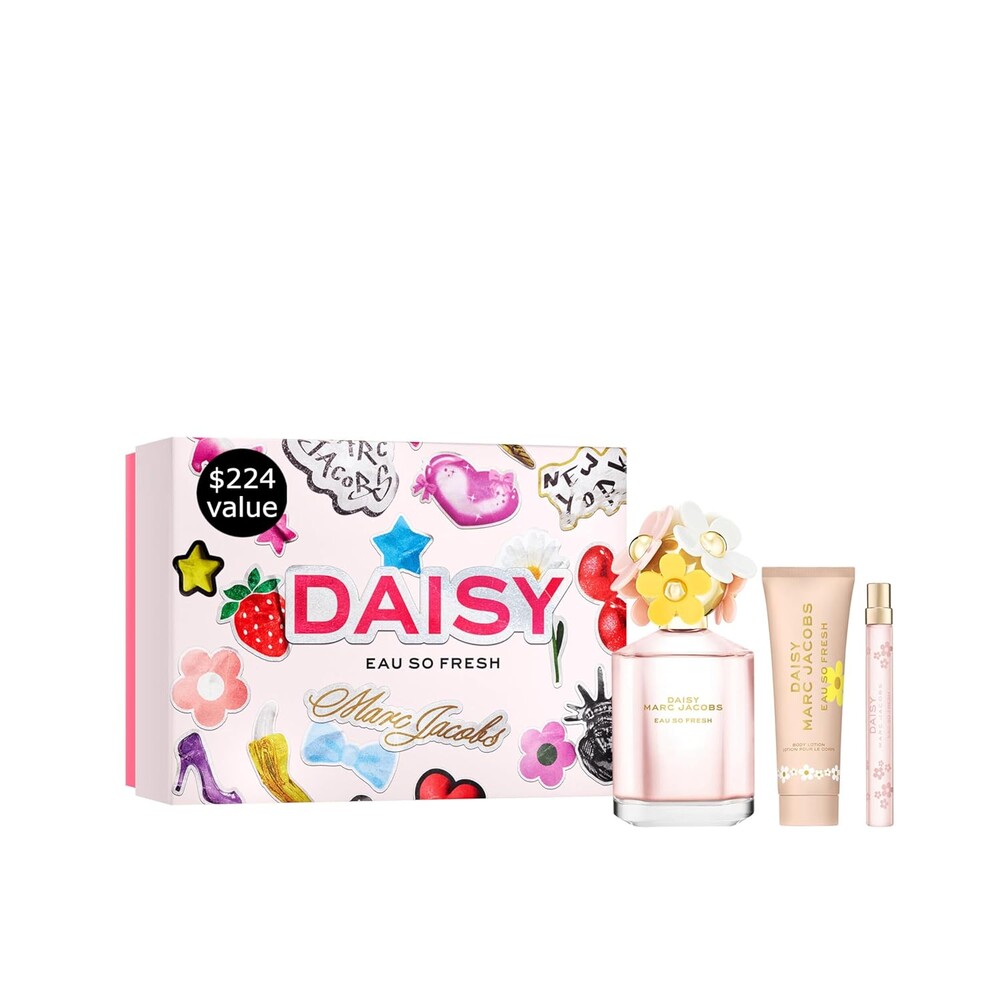 Marc Jacobs Daisy Eau So Fresh EDT 3-Piece Gift Set ($224 value) -EDT 4.2oz, Body Lotion 2.5oz, Travel Spray 0.33 oz– With Notes of Raspberry, Rose & Soft Musks - Floral Women's Perfume