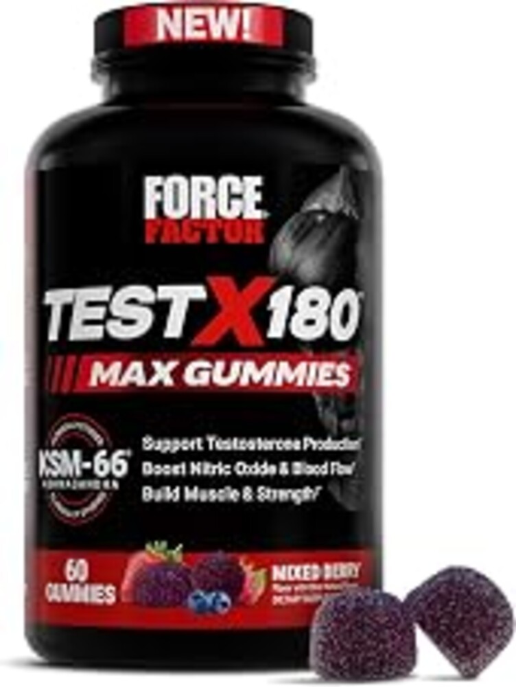 Force Factor Test X180 Max Gummies, Testosterone Booster Supplement for Men, with KSM-66 Ashwagandha to Support T Levels, Strength & Vitality, Mixed Berry, 60 Gummies
