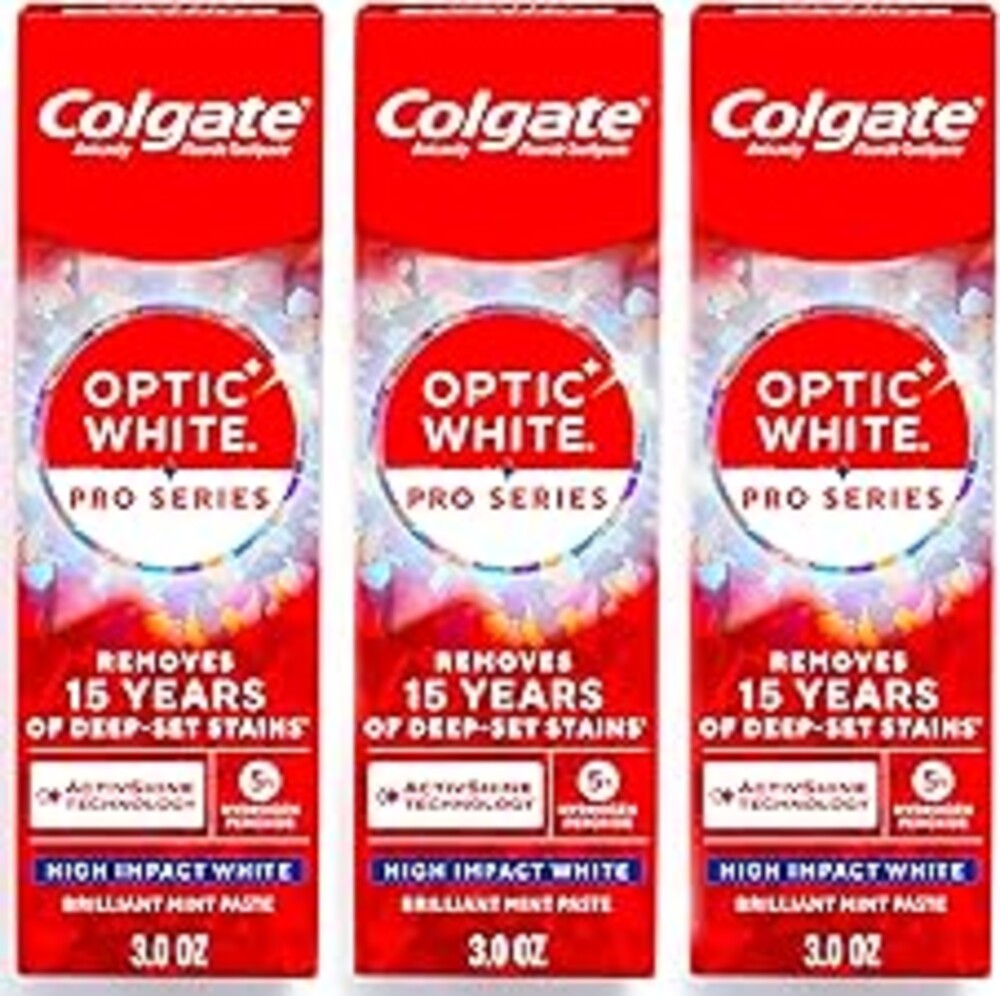 Colgate Optic White Pro Series High Impact White, 3 Pack, Teeth Whitening Toothpaste with 5% Hydrogen Peroxide and ActivShine, Brilliant Mint Flavor, 3.0 OZ