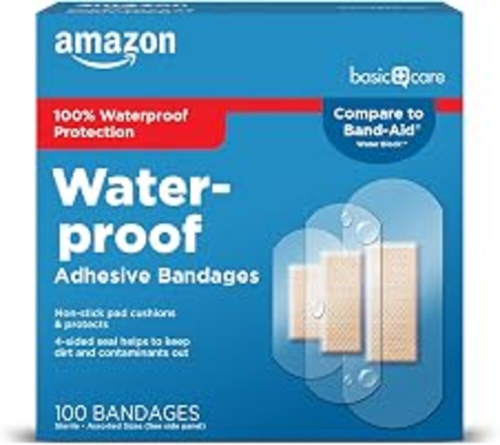 Amazon Basic Care Waterproof Clear Adhesive Bandages for Minor Cuts and Scrapes, Non-Stick Pad, First Aid and Wound Care Supplies, Assorted Sizes, 100 Count