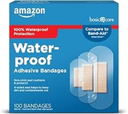 Amazon Basic Care Waterproof Clear Adhesive Bandages for Minor Cuts and Scrapes, Non-Stick Pad, First Aid and Wound Care Supplies, Assorted Sizes, 100 Count
