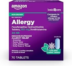 Amazon Basic Care All Day Allergy Relief, Fexofenadine Hydrochloride, 180 mg, Antihistamine, Non-Drowsy, 24-Hour Relief, Cool Mint Coated Tablets, 70 Count
