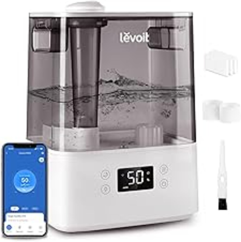 LEVOIT Humidifiers for Bedroom Large Room Home, (6L) Cool Mist Top Fill Essential Oil Diffuser for Baby & Plants, Smart App & Voice Control, Rapid Humidification & Auto Mode - Quiet Sleep Mode, Gray