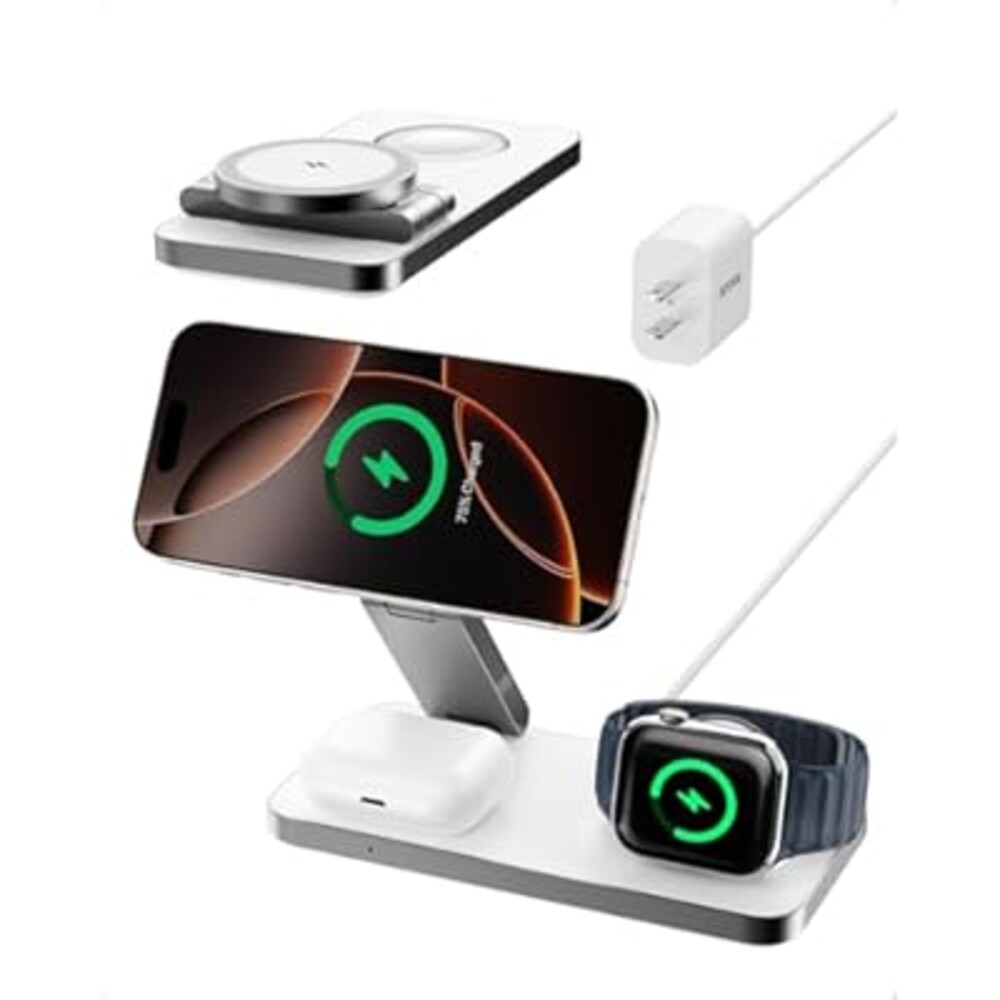Intoval 3-in-1 Foldable Wireless Charging Station, Qi2 Certified 15W Ultra Fast Wireless Charger for Magsafe, Magnetic Charger Stand for iPhone 17/16/15/14/13/12, Apple Watch & AirPods.(White)