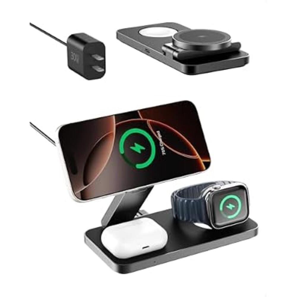 3 in 1 Wireless Charging Station with Qi2 Magnetic Charger for iPhone 16 Pro/16/16 Pro Max, for Apple Watch 9/Ultra 2/SE/8/7/6/5/4/3/2, for AirPods Pro/Pro 2/3 (Black)