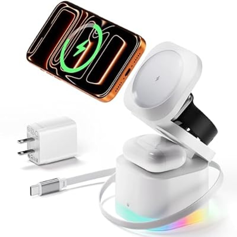 5 in 1 Wireless Charger, Foldable Wireless Charging Station with Night Light for Apple Magnetic Charger, Retractable Cable Fast Charger Stand for iPhone 17/16/15/14/13/12, Apple Watch, AirPods Pro 3