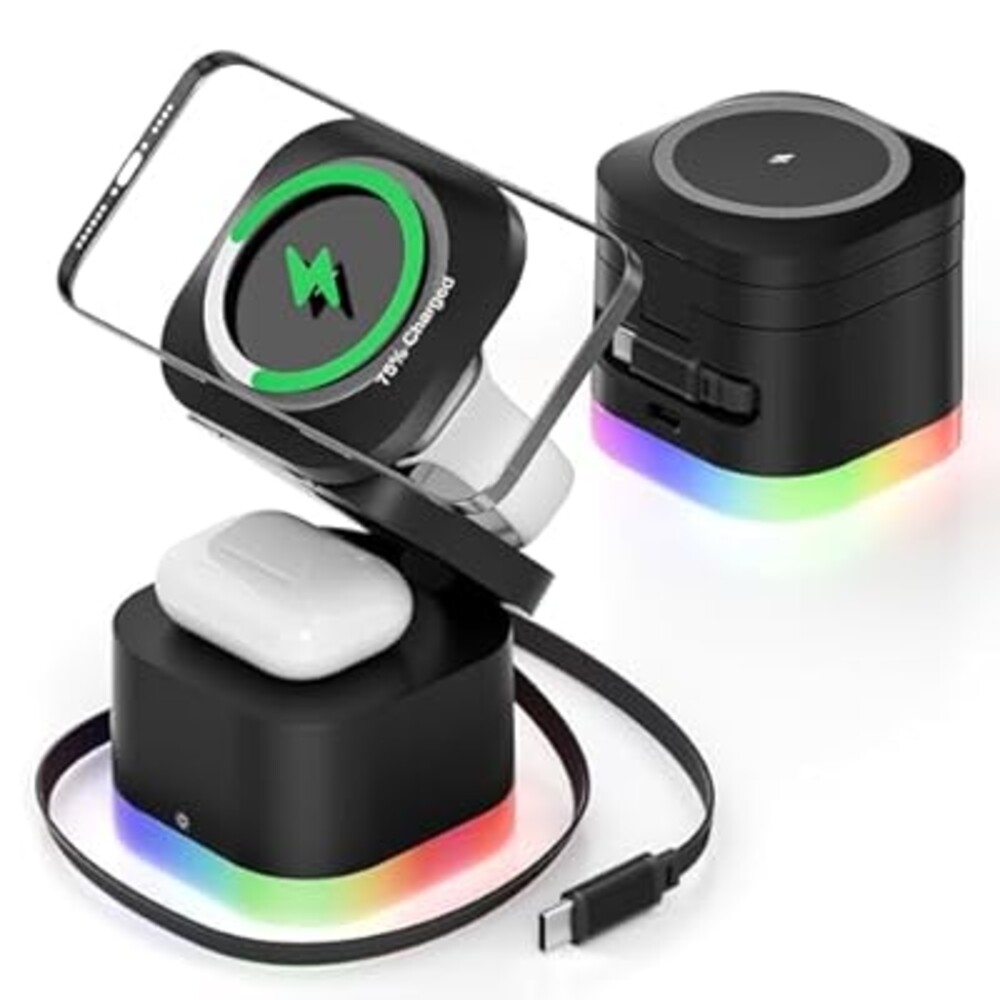 Magnetic Wireless Charger Stand for Bedrooms, 5 in 1 Wireless Charging Station,Charger with Night Light Bedside for iPhone16/15/14/13/12 Series, Apple Watch, AirPods (Only for Apple Users)