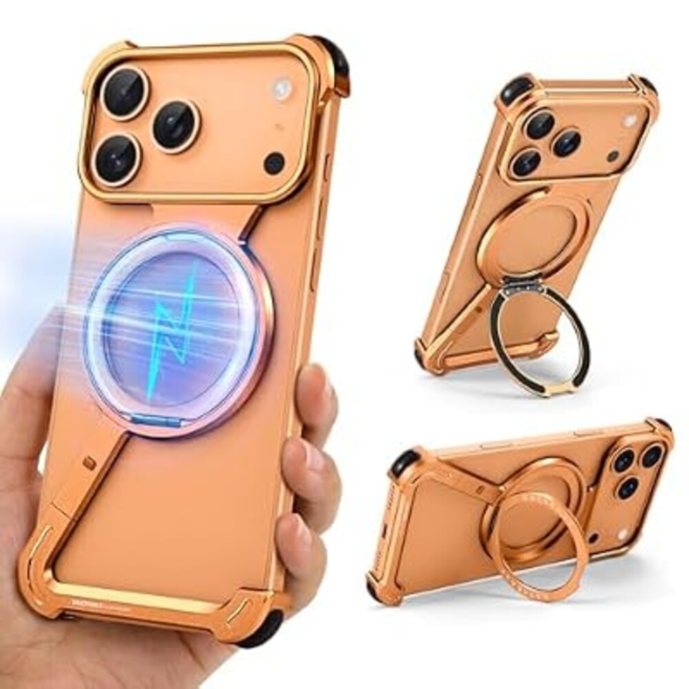 OGRANEE Z Metal Case for iPhone 17 Pro Frameless, Aluminum Alloy Bumper Compatible with Magsafe Kickstand Minimalist Shockproof Cool Cover Hard Shell with 360°Ring Holder Magnetic Stand, Orange
