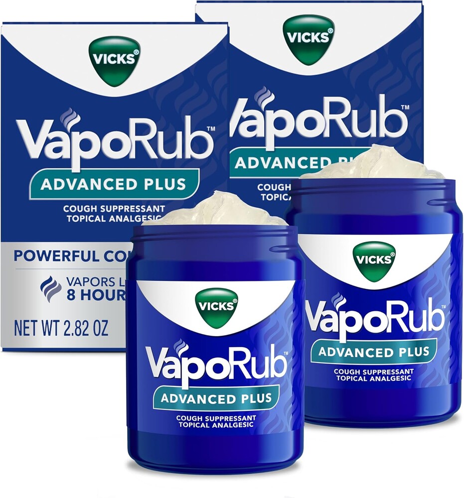 Vicks VapoRub Advanced Plus, Powerful Cough Suppressant, Topical Chest Rub & Analgesic Ointment, Medicated Vicks Vapors, Fast Cough Relief, 2.82oz x 2