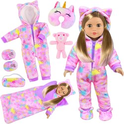 American 18 Inch Doll Clothes & Sleeping Bag Set – Accessories for Sleepovers, Travel & Pretend Play, Includes Pillow, Eye Mask, Shoes etc, Girl Gift (No Doll)