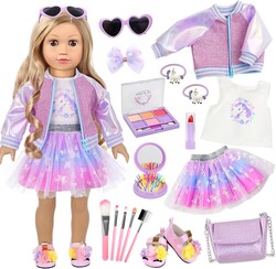 American 18 Inch Doll Makeup Accessories and Clothes Set Includes 18 Inch Doll Clothes and Shoes Bag Makeup Brush Set Foldable Haircomb Eyeshadow Lipstick Bow Hair Clip Sunglasses Hair Rope（No Dolls）