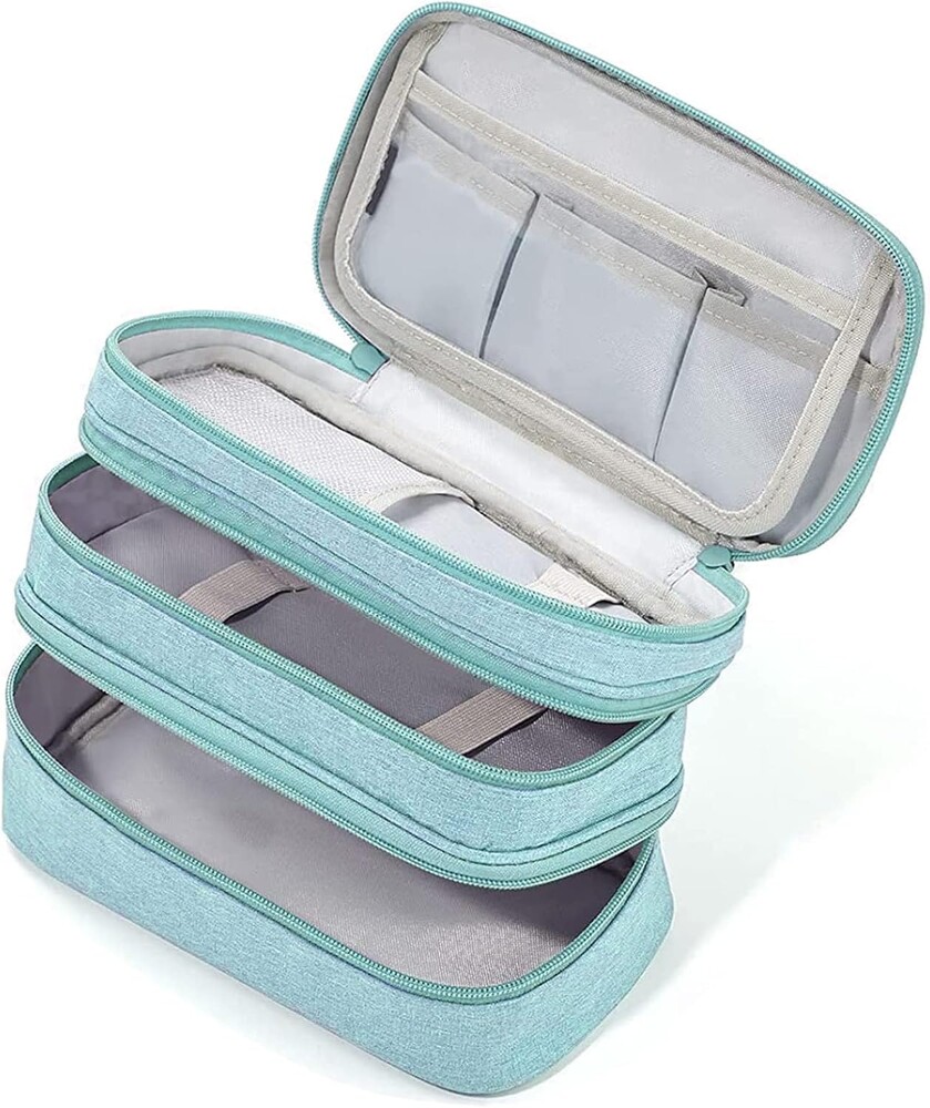 Large Capacity Pencil Case Pouch with 3 Compartments Portable Canvas Stationery Organizer with Double Zippers Simple Sturdy for College School Office Girl Boy Men Women Adult - Light Blue