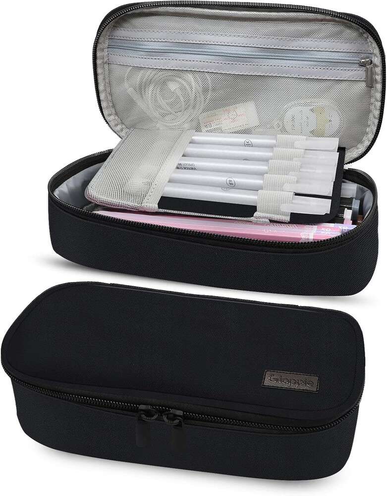 Gloppie Black Pencil Case, Large Capacity Pencil Pouch Pen Box with Dual Zipper, Back to School Supplies for Teens College Students Adults Office Travel Cosmetic & Cable Storage Bag