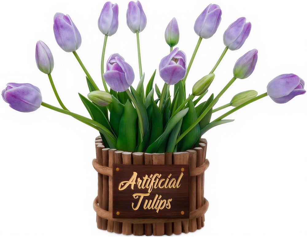 ucky Light Purple15PCS 15.75" Artificial Tulips, Premium Latex Natural Feel Fake Flowers Bouquet for Home Decor & Gifting
