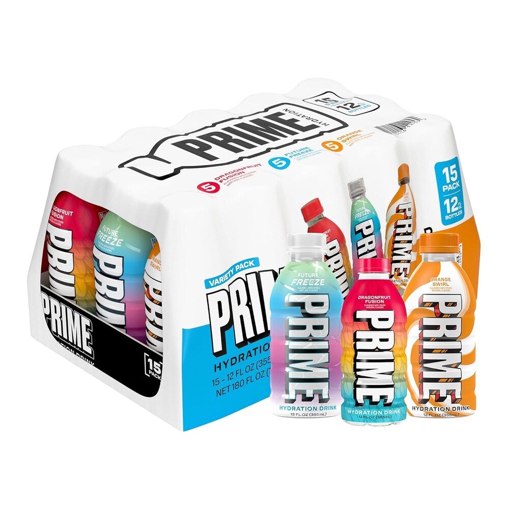 PRIME HYDRATION Variety, Dragonfruit Fusion, Orange Swirl, & Future Freeze Sports Drinks, Electrolyte Enhanced to Replenish Fluids, Zero Added Sugar, B Vitamins, Antioxidants, 12 Fl Oz, 15 Pack