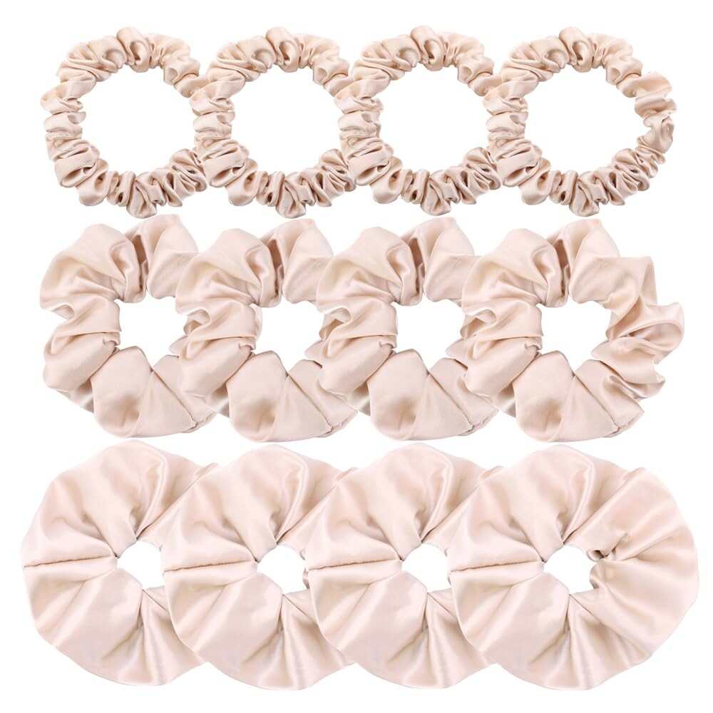 12 Pcs Mix 3 Sizes Satin Silk Scrunchies Hair Ties for Women Girls Bracelets Ponytail Holder Hair Bands Elastic Ropes Hair Bun Accessories (3 Sizes Bundle 12Pcs-Beige)