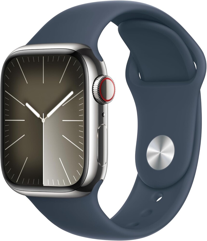 Apple Watch Series 9 [GPS + Cellular 41mm] Smartwatch with Silver Stainless Steel Case with Storm Blue Sport Band M/L. Fitness Tracker, Blood Oxygen & ECG Apps, Always-On Retina Display