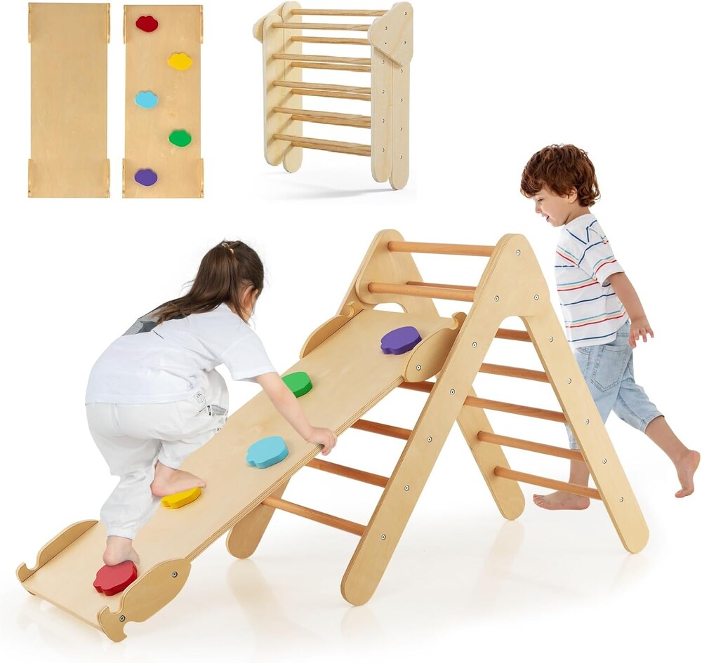 OLAKIDS Pikler Triangle Set 3 in 1 Climbing Toys for Toddlers Wood Montessori Baby Jungle Gym with Ramp Ladder Slide Kids Indoor Playground Activity Play Structure