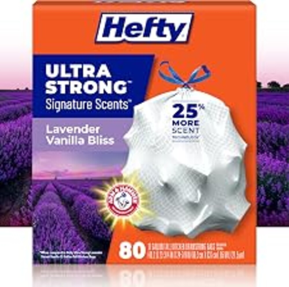 Hefty Ultra Strong Signature Scents 13 Gallon Trash Bags, Lavender Vanilla Bliss Scent, Tall Kitchen Trash Bags with 25% More Scent Technology, White, 80 Count
