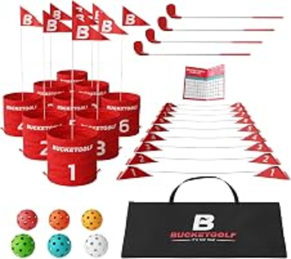 bucketgolf Game 9 Hole Bundle with Clubs - Outdoor Golf Game for All Ages Adults, Kids, Family. Play Golf Anywhere Yards, Beach, Park, Backyard Games. (4 Clubs (4 RH))