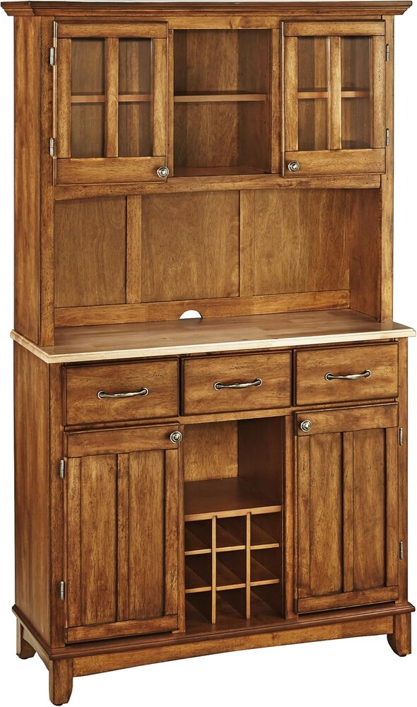 Home Styles Buffet of Buffets Cottage Oak Server with Natural Wood Top, Three Utility Drawers, Two Door Hutch, Removable Wine Rack, and Brushed Steel Hardware