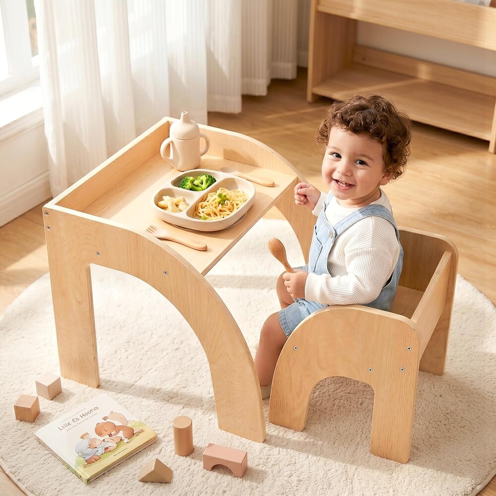 INFANS Kids Table and Chair Set, Wooden Activity Table for Toddlers Arts Crafts Drawing Reading Playing Building Block Drawing, Children Natural Furniture Set for Playroom Nursery
