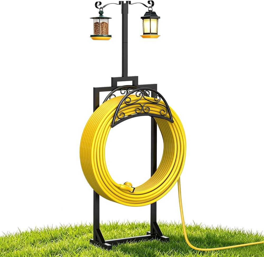 Garden Hose Holder with Shepherds Hooks - Freestanding Metal Water Hose Holder Stand Holds 150ft, Heavy Duty Garden Hoses Hanger Storage Rack for Outside Yard Lawn Farm
