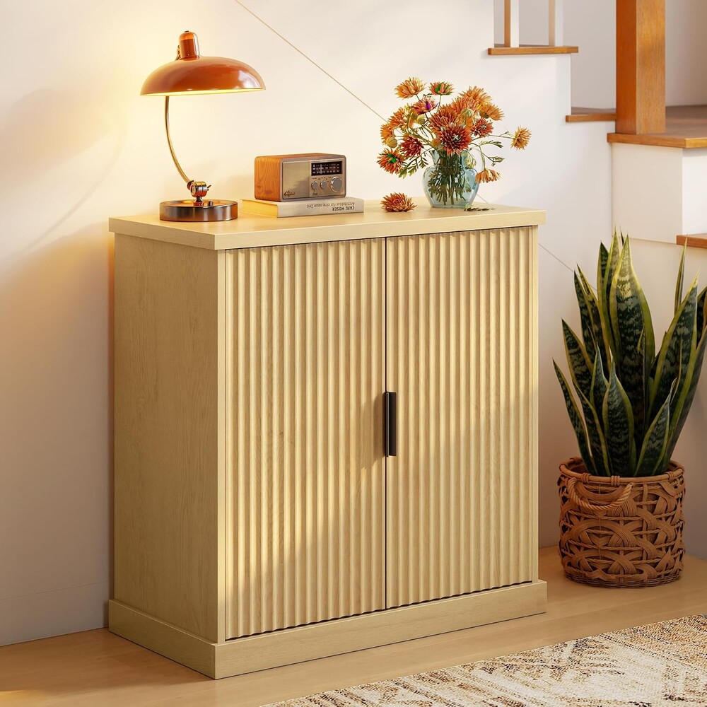 VASAGLE MAXE Collection - Buffet Cabinet, Fluted Console Cabinet, Sideboard with Adjustable Shelf, Mid Century Modern Buffet Table, 15.8 x 29.9 x 31.5 Inches, Oak Beige UBBK344Y01