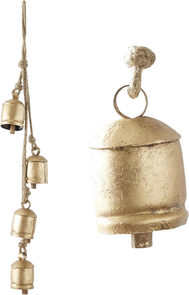 Deco 79 Metal Indoor Outdoor Decorative Cow Bells Tibetan Inspired Cascading Meditation Bell with 4 Bells on Jute Hanging Rope, Cow Bell 3" x 3" x 27", Gold