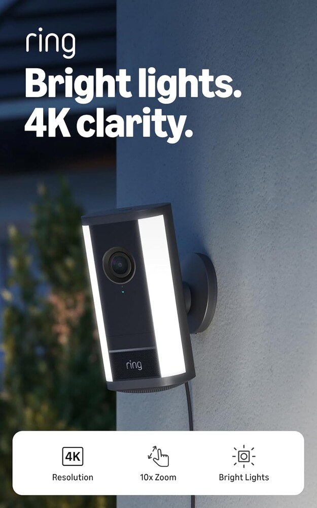 Ring Spotlight Cam Pro, Plug-in (newest model), Home or business security, Retinal 4K with wide-angle video, 10x Enhanced Zoom, and 600 Lumen Spotlights, Black