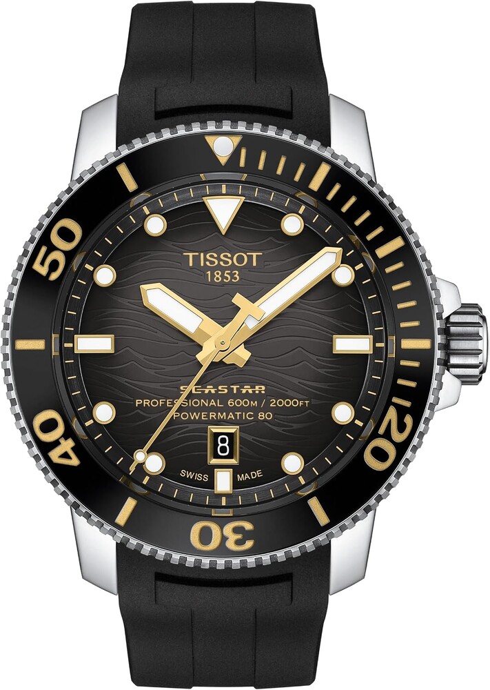 Tissot Mens Tissot Seastar 2000 Professional Powermatic 80 316L Stainless Steel case Automatic Watch, Black, Rubber, 22 (T1206071744101)