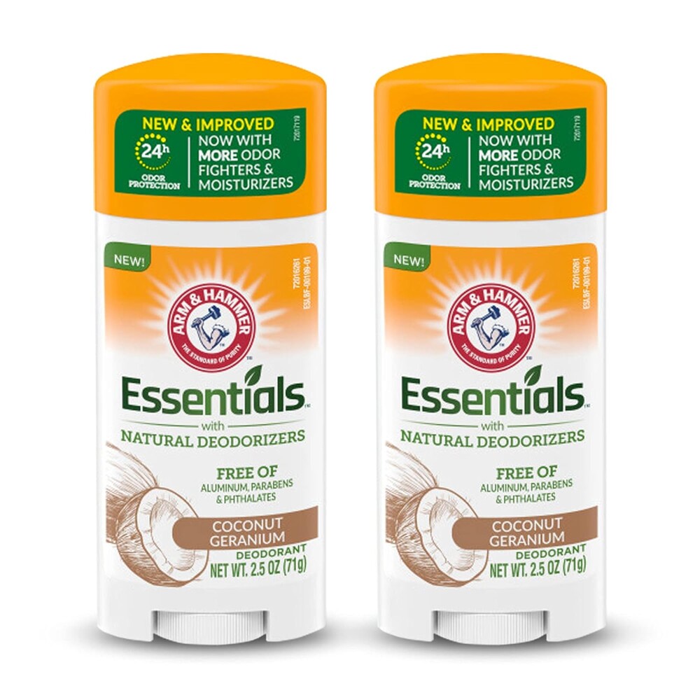 ARM & HAMMER Essentials Deodorant - Made with Natural Deodorizers - Coconut Geranium - Free From Aluminum, Parabens & Phthalates, 2.5 oz (Pack of 2)