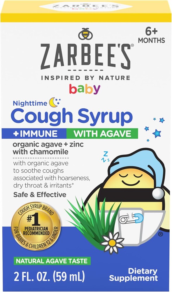 Zarbee's Baby Nighttime Cough Syrup + Immune, Baby Cough Syrup, Organic Agave + Zinc & Chamomile, No Drugs or Artificial Flavors, Natural Agave Taste, 2 fl. oz