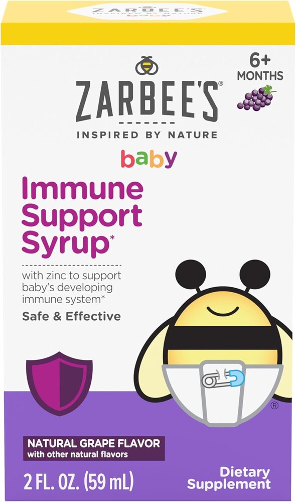 Zarbee's Baby Immune Support with Zinc, Baby & Toddler Vitamin 6 Months+, Includes Syringe for Easy & Accurate Dosing, Natural Grape Flavor, 2oz
