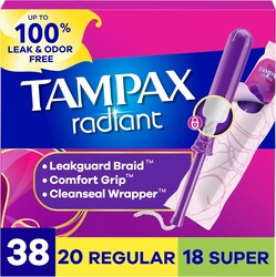Tampax Radiant Tampons Multipack, #1 Tampon Brand, with LeakGuard Braid, Regular/Super Absorbency, Up to 100% Leak and Odor Free Protection, Unscented, 38 Count
