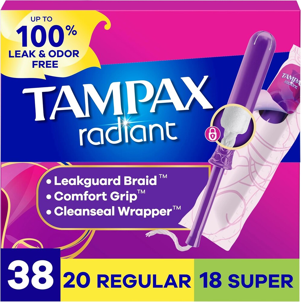 Tampax Radiant Tampons Multipack, #1 Tampon Brand, with LeakGuard Braid, Regular/Super Absorbency, Up to 100% Leak and Odor Free Protection, Unscented, 38 Count