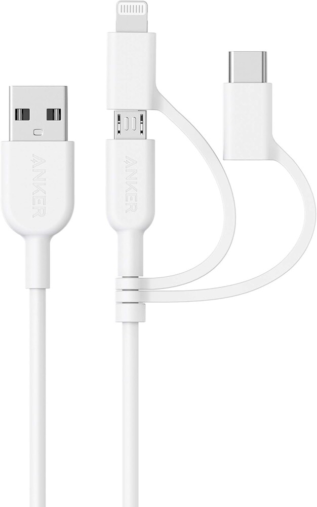 Anker Powerline II 3-in-1 Cable, Lightning/Type C/Micro USB Cable for iPhone, iPad, Huawei, HTC, LG, Samsung Galaxy, Sony Xperia, Android Smartphones, and More(3ft, White)