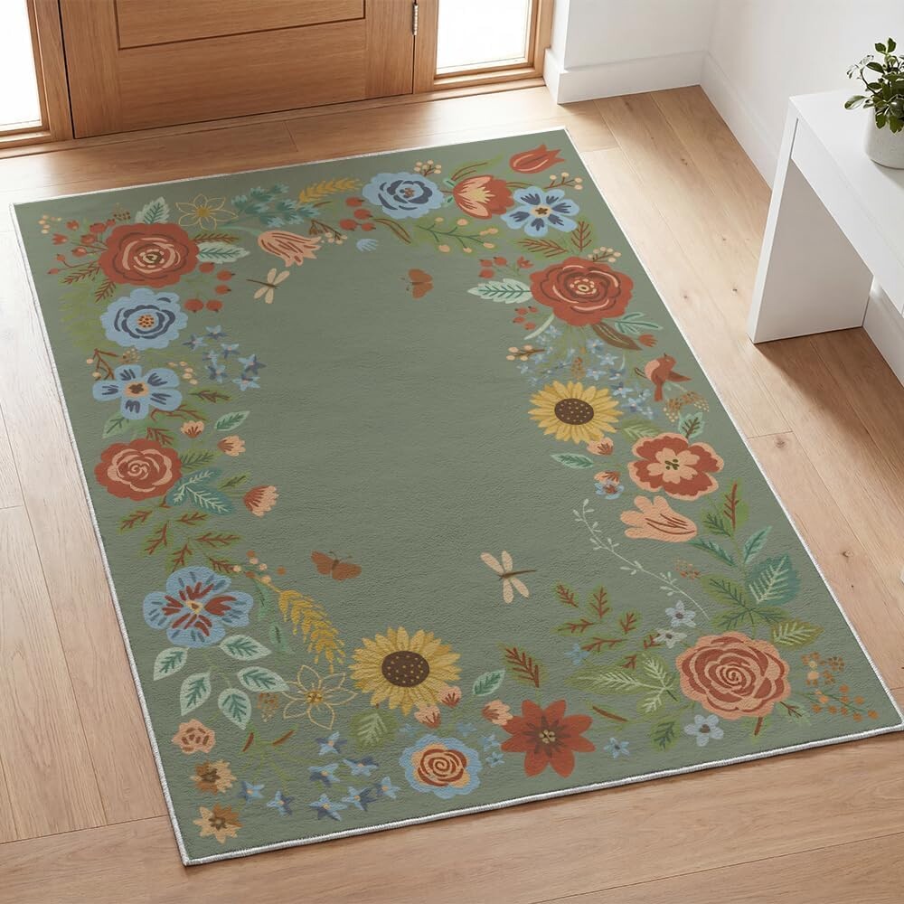 Artoid Mode Green Sunflower Floral Spring Area Rug, Summer Home Decor Low-Profile Non-Slip Washable Large Rug for Living Room Bedroom Farmhouse Dining Room Kids Playroom 5x7 Feet