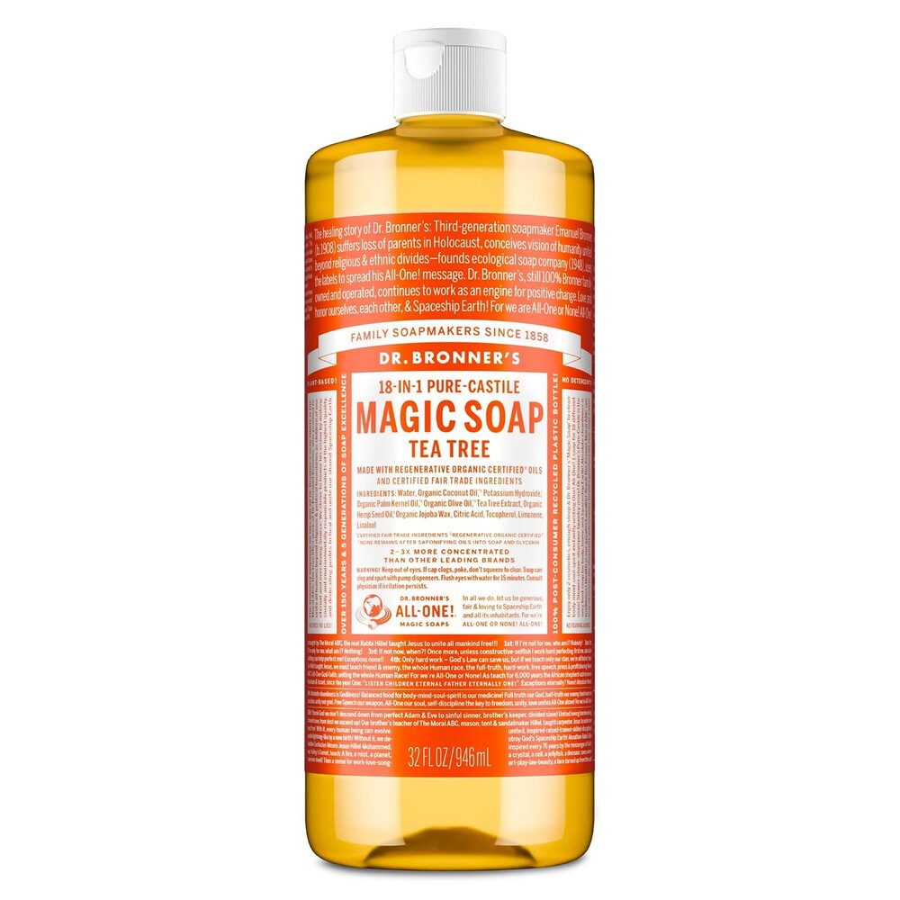 Dr. Bronner's Pure-Castile Magic Soap Liquid (Tea Tree, 32 Ounce) – Made with Regenerative Organic Oils, 18-in-1 Uses for Face, Hair, Laundry, Dishes, Hand Soaps & Body Wash – Natural, Vegan, Non-GMO
